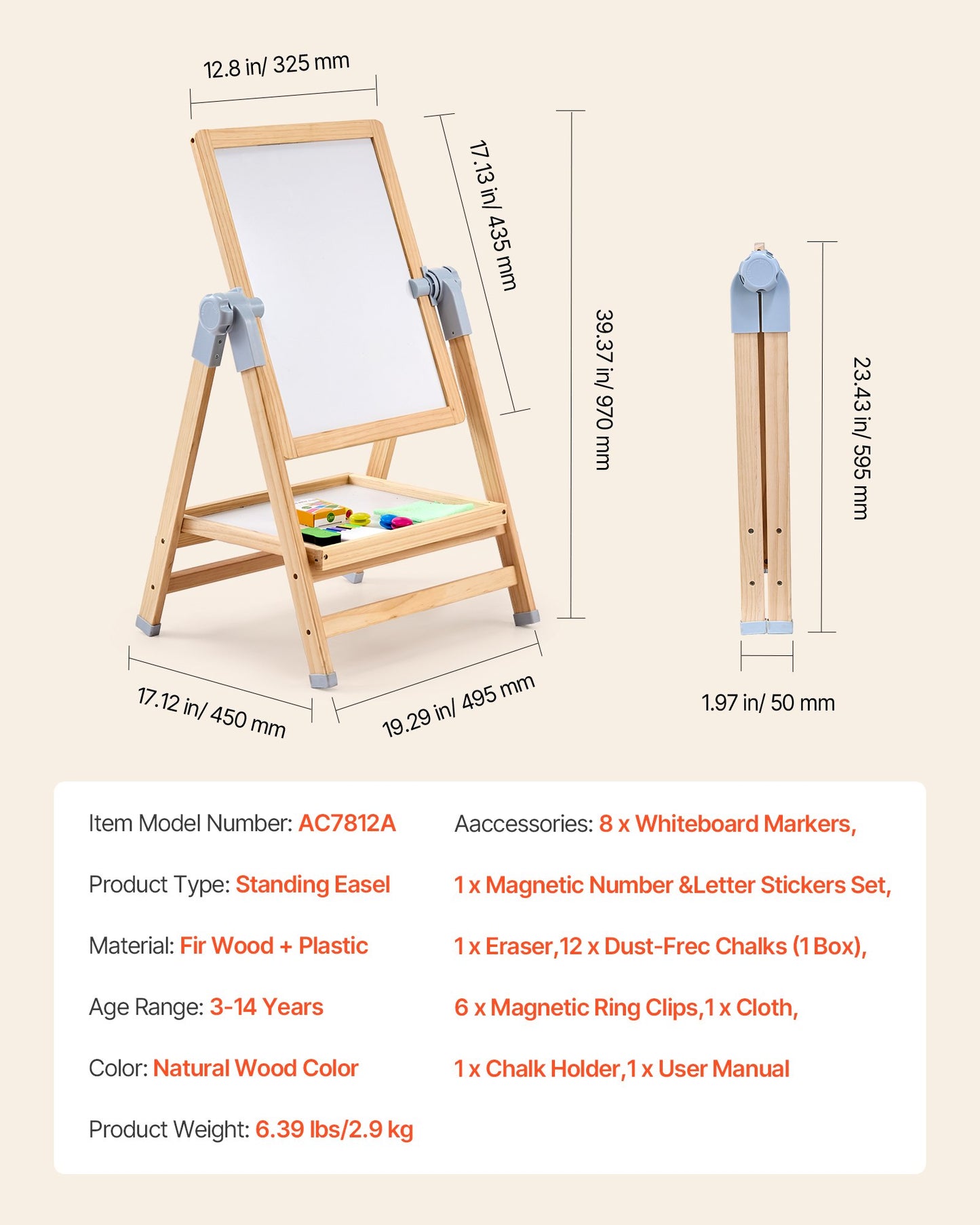 Art Easel for Kids, 2-in-1 Wooden Double-Sided Kid's Art Easel with Magnetic Whiteboard & Chalkboard, Adjustable Standing Rotatable Foldable Drawing Board with Painting Accessories for Boy Girl