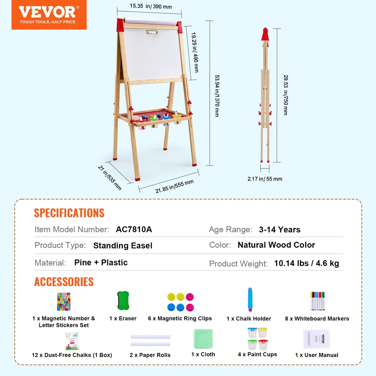 Art Easel for Kids, 3-in-1 Wooden Double-Sided Kid's Art Easel with Magnetic Whiteboard, Chalkboard & Paper Roll, Adjustable Standing Drawing Board with Painting Accessories for Boys and Girls