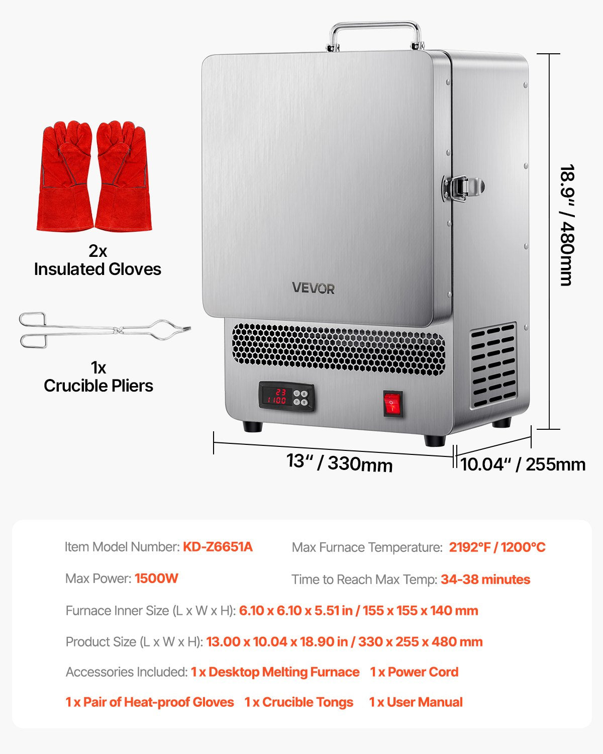Tabletop Kiln Melter, 1500W Powerful Electric Kiln, 2192℉ / 1200℃ Max Temperature, Stainless Steel, Gold Melting Furnace for Wax Casting, Clay DIY, Metal Tempering, Glazing on Pottery, Silver