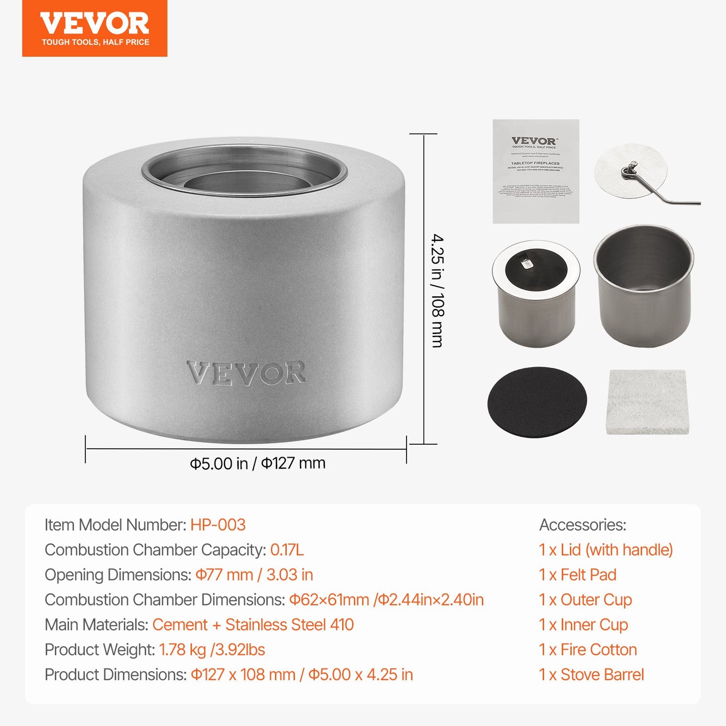 Bordseldstad, betongbordseldstad för inomhusbruk, bärbar spritbrännare och smores-maskin, för uteplats och balkong med brandsläckare, ljusgrå cylinder