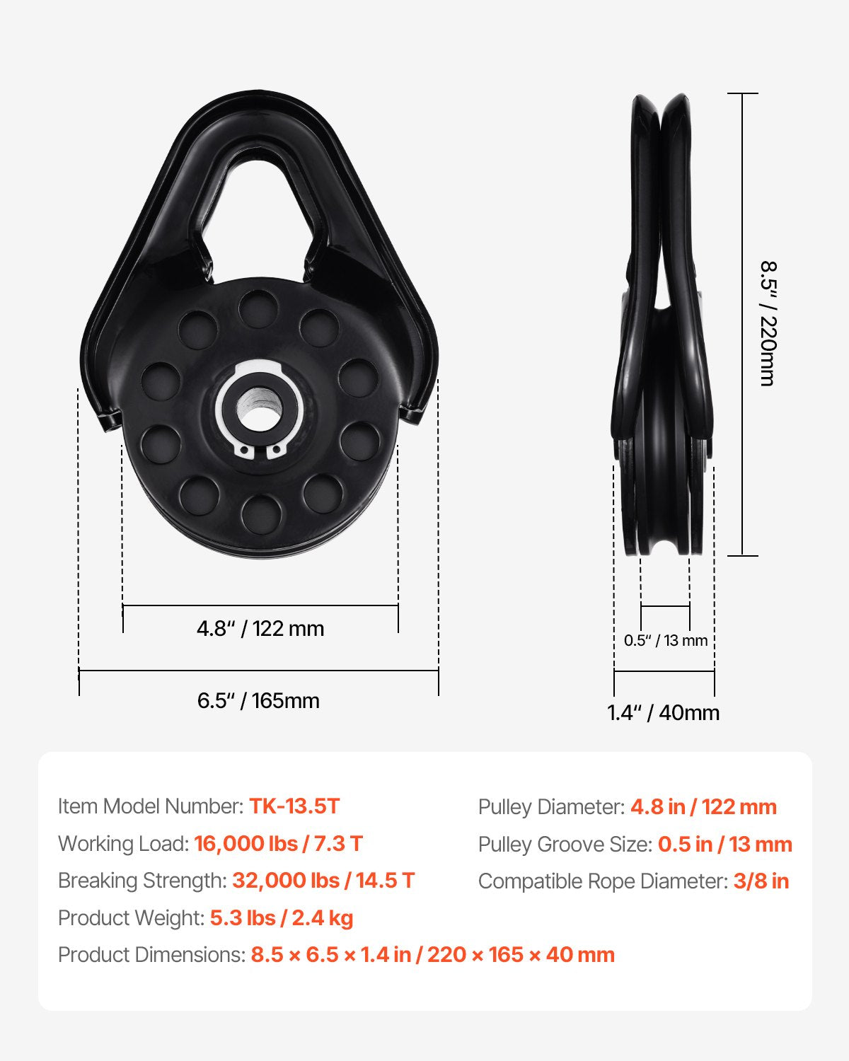 14.5 Ton Snatch Block for Winch Recovery, Heavy Duty 32,000 lbs Break Strength, Work with 3/8 inch Rope, Compact Offroad Recovery Accessory for Towing & Recovery on Truck, Tractor, ATV & UTV