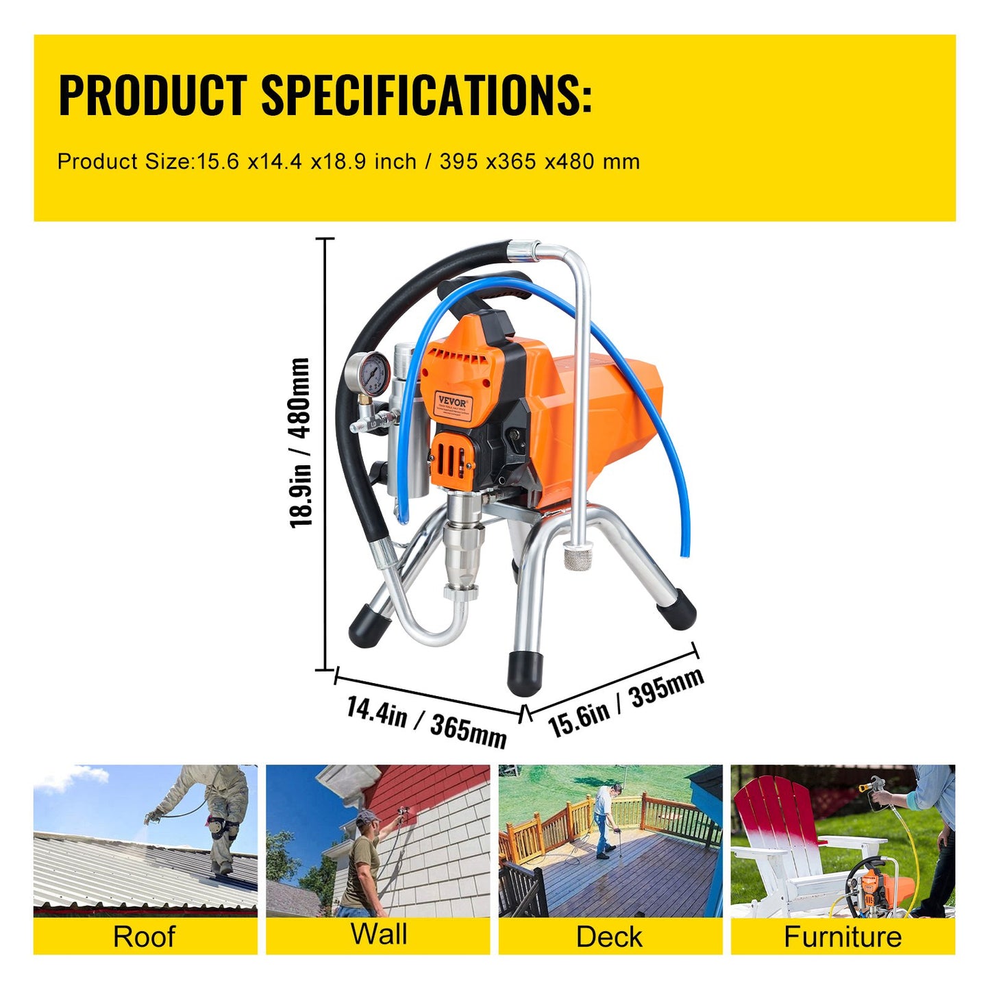 Airless Wall Paint Spray Gun with high pressure pipe, Sprayer Machine High Pressure Spraying, 2000W Wall Paint Spray Gun paint sprayer for water-based and oil based interior and exterior