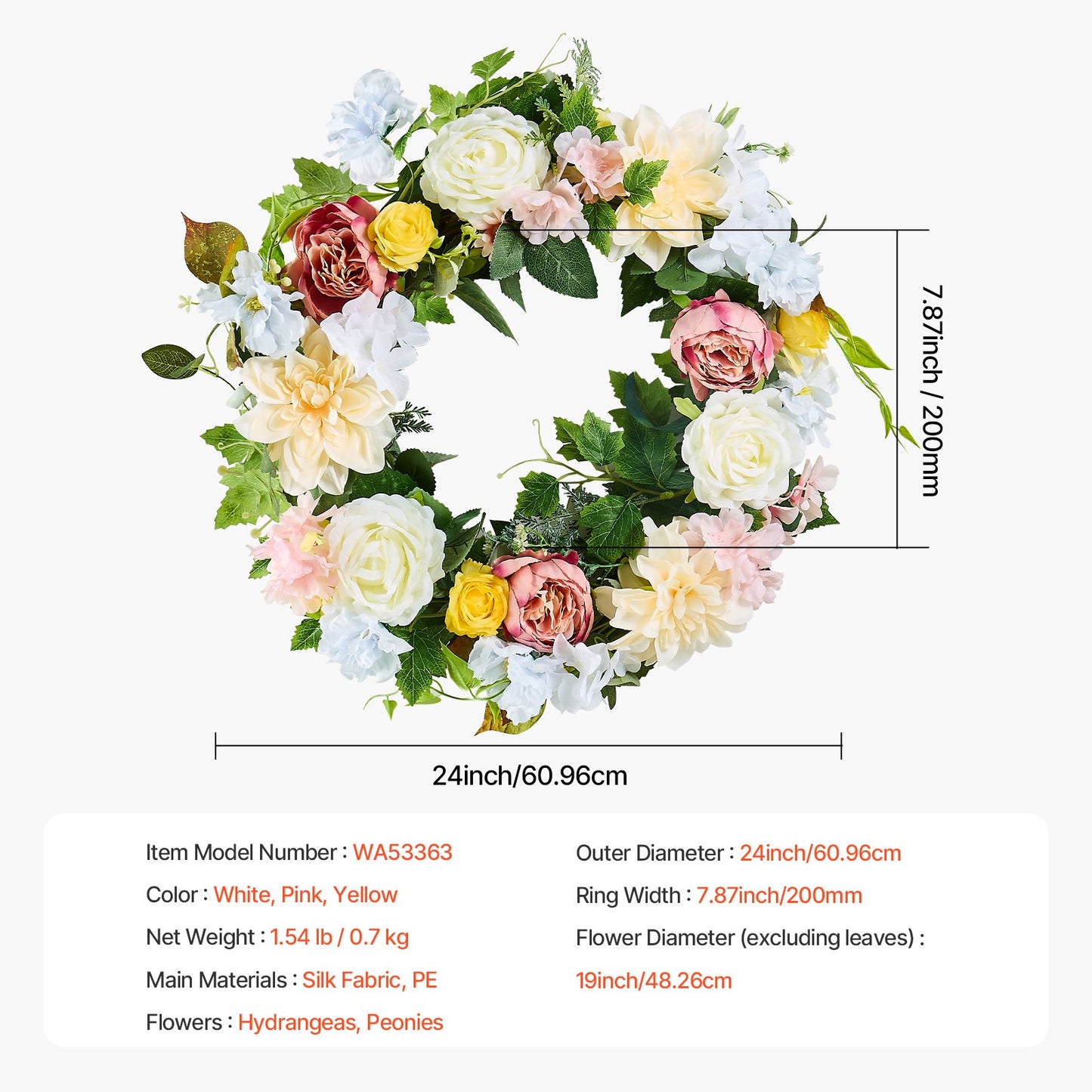 Artificial Decorative Wreath, 24 in, White Pink Yellow, Decorated with Peonies, Hydrangeas, Year Round Wreath for All Seasons Indoor and Outdoor Home Wall Window Festival Wedding Decorations