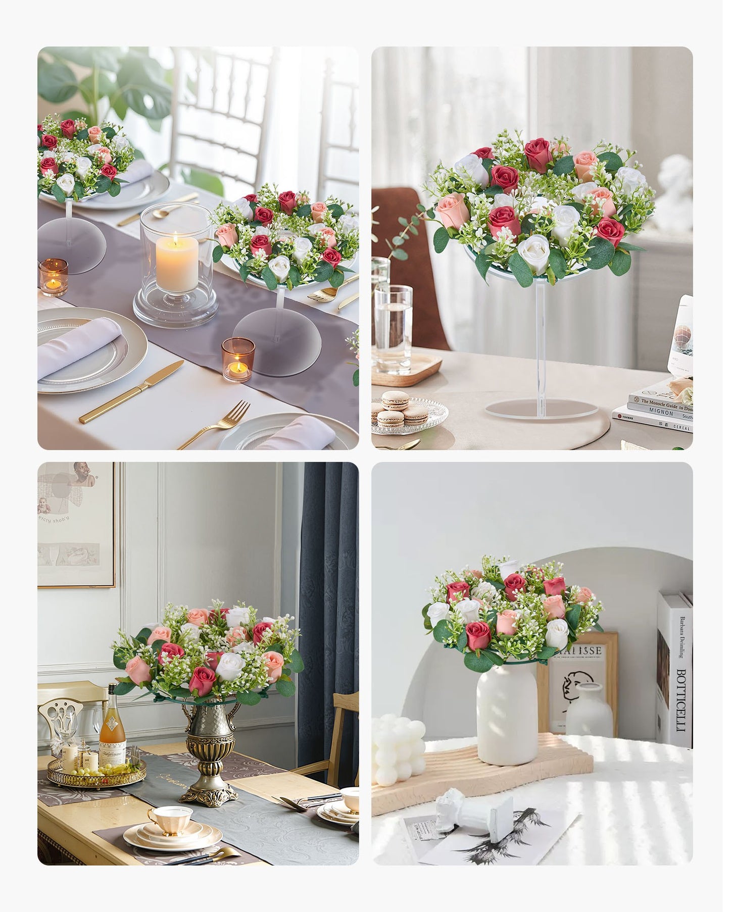 Konstgjord roskrans, 340 mm diameter konstgjord blomkrans med rosa och vita rosor, blomsterarrangemang mittpunkt för alla hjärtans dag, mors dag, fest, bröllop och heminredning, 10 st