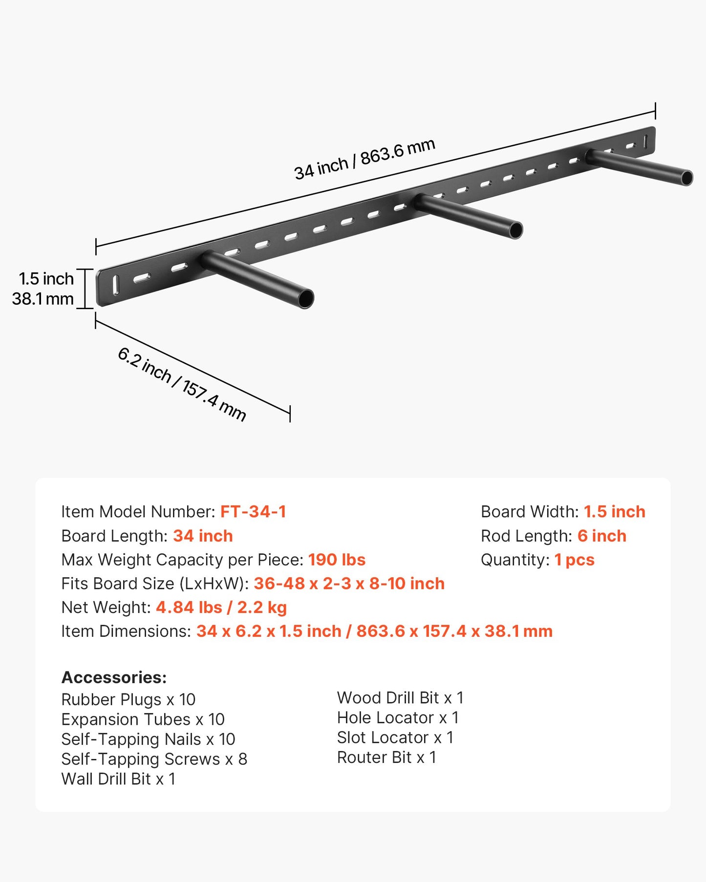 Flytande hyllkonsol 1-pack, 86 kg viktkapacitet, 863,6 x 157,4 x 38,1 mm, kraftigt stöd för dolda hyllkonsoler, väggmontering osynligt flytande hyllkonsol