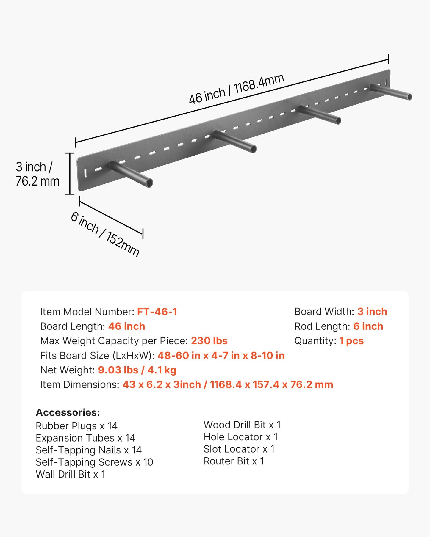 Floating Shelf Bracket 1 Pack, 230 lbs/104 kg Weight Capacity, 46x6.2x3 inch / 1168.4x157.4x76.2 mm, Heavy Duty Hidden Shelf Brackets Support, Wall Mounting Invisible Floating Shelves Bracket