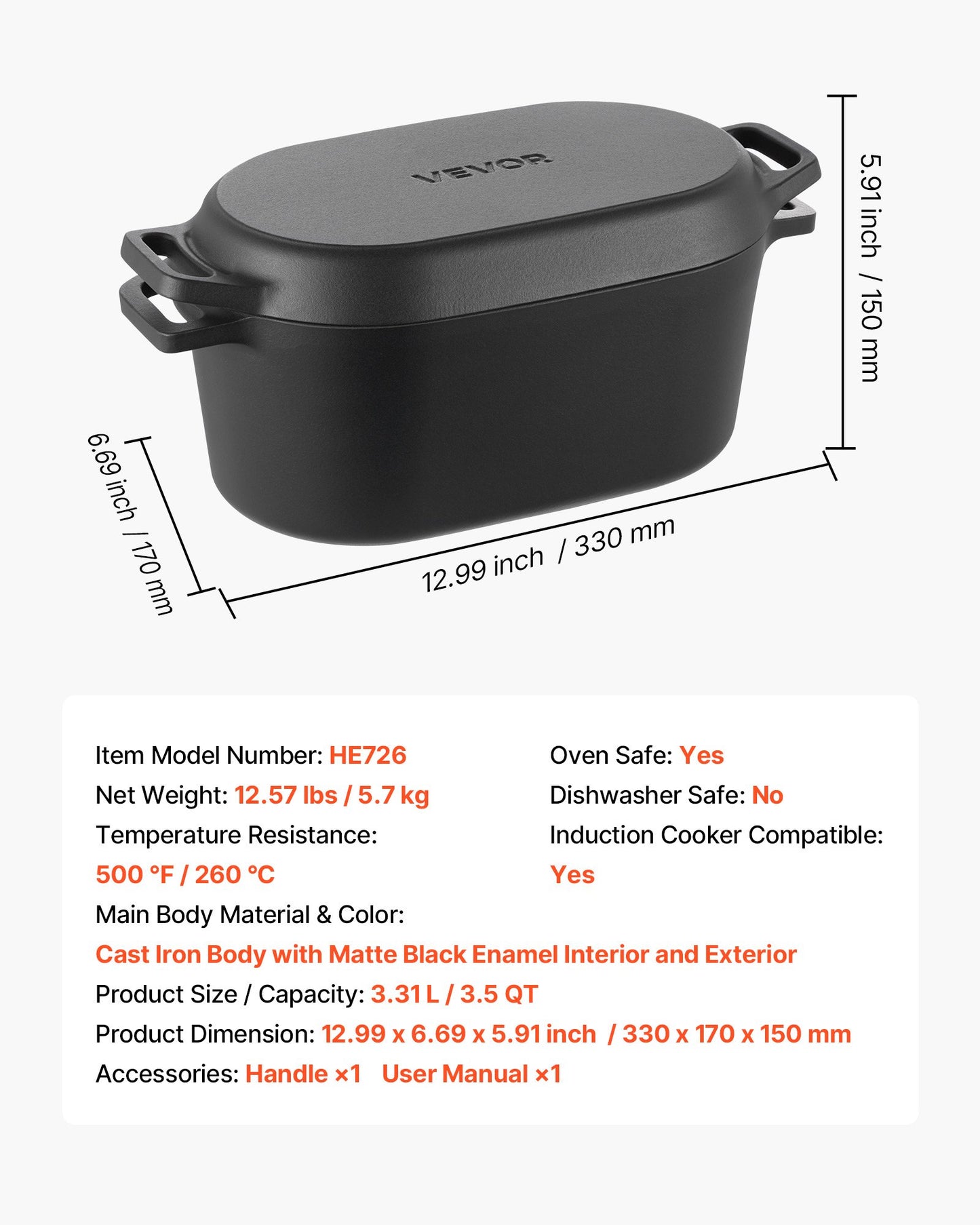 Enameled Cast Iron Dutch Oven, 3.3L Pot with Lid and Dual Handles, Heavy-Duty Durable Cookware Pan, Oven Induction Compatible up to 260 ℃, for Braising, Stews, Roasting, Bread Baking, Black