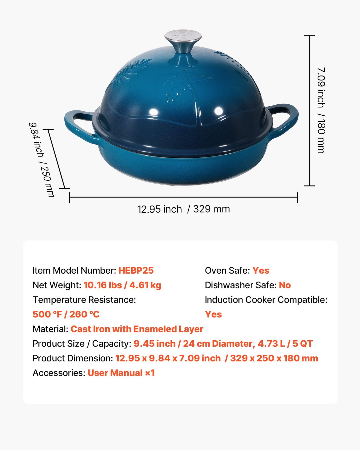 Enameled Cast Iron Dutch Oven, 4.7L Pot for Sourdough Bread Baking, Heavy-Duty Cookware Pan with Lid and Dual Handles, Oven Induction Compatible up to 260 ℃, for Cooking Roasting