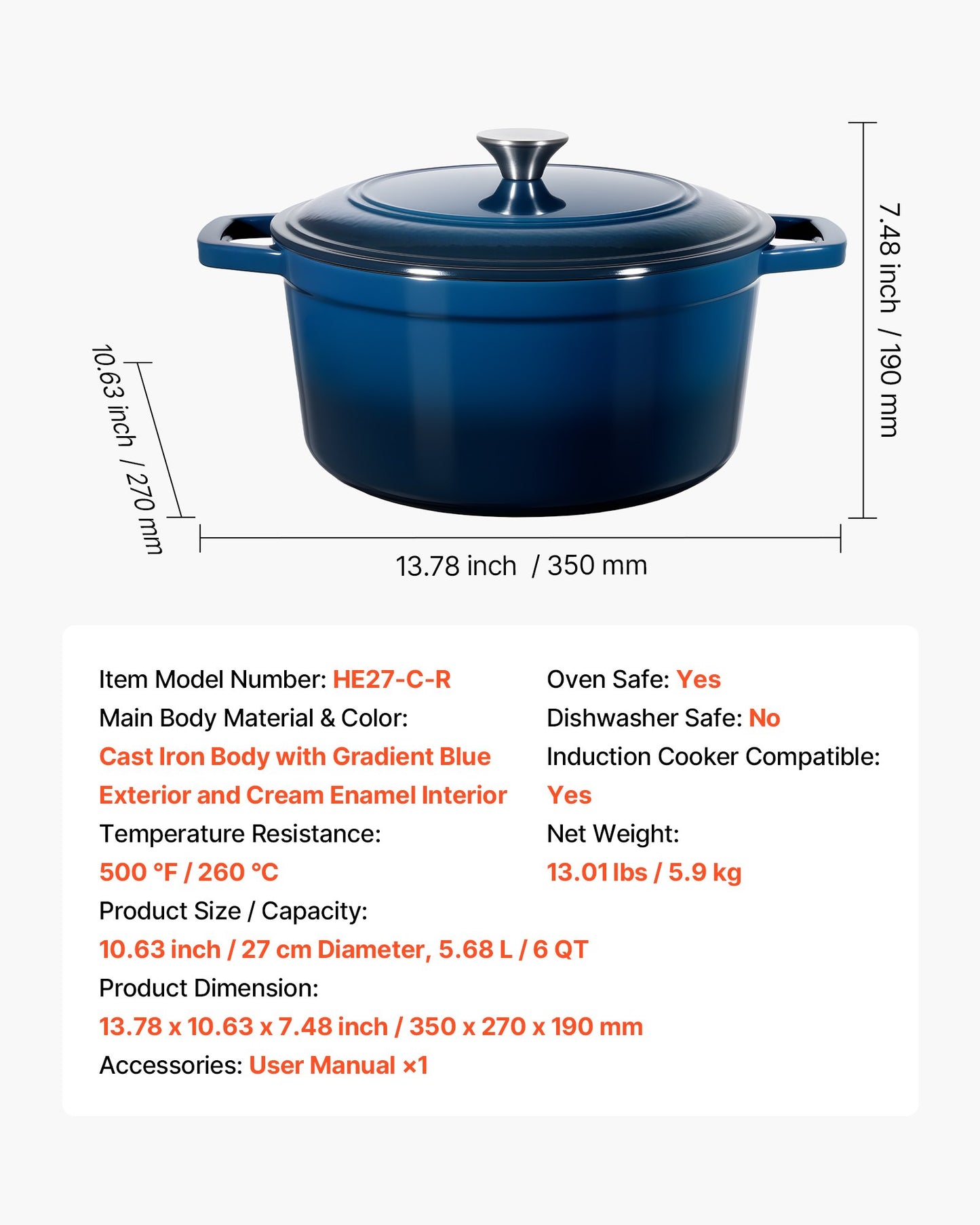 Enameled Cast Iron Dutch Oven, 5.7L Pot with Lid and Dual Handles, Heavy-Duty Durable Cookware Pan, Oven Induction Compatible up to 260 ℃, for Braising, Stews, Roasting, Bread Baking, Blue