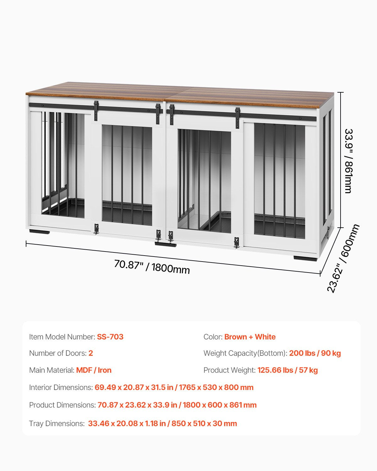 72" Dog Crate Furniture for 2 Dogs, Double Dog Crate Furniture with Double Sliding Doors, Large Dog Crate TV Stand with Removable Tray, Steel Frame Double Dog Crate for Small, Medium, Large Dogs White