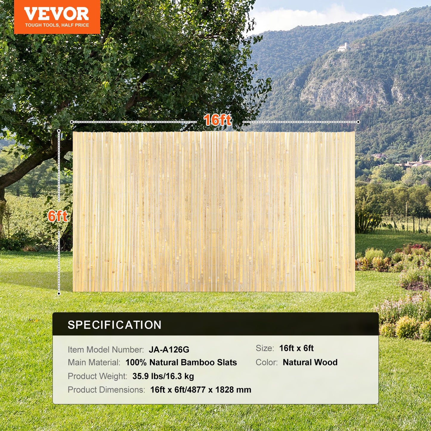 Natural Bamboo Privacy Fence Screen, Eco-Friendly Privacy Bamboo Slat Fence, 6 ft H x 16 ft L Decorative Bamboo Screen Panel, for Garden, Backyard, Balcony, Patio, Pool Side