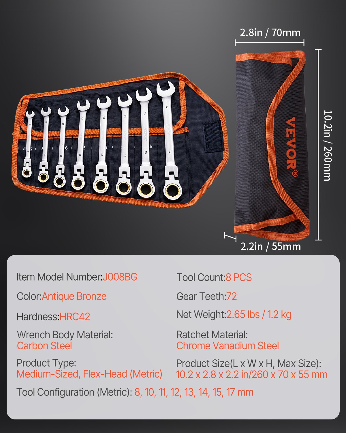 Flex-Head Ratcheting Wrench Set, 8-piece Combination Wrench Set with Roll-up Pouch, Cr-V Steel Flexible Ratcheting Wrench Set Metric 8 mm to 17 mm, Ideal for General Household, Auto Repairs