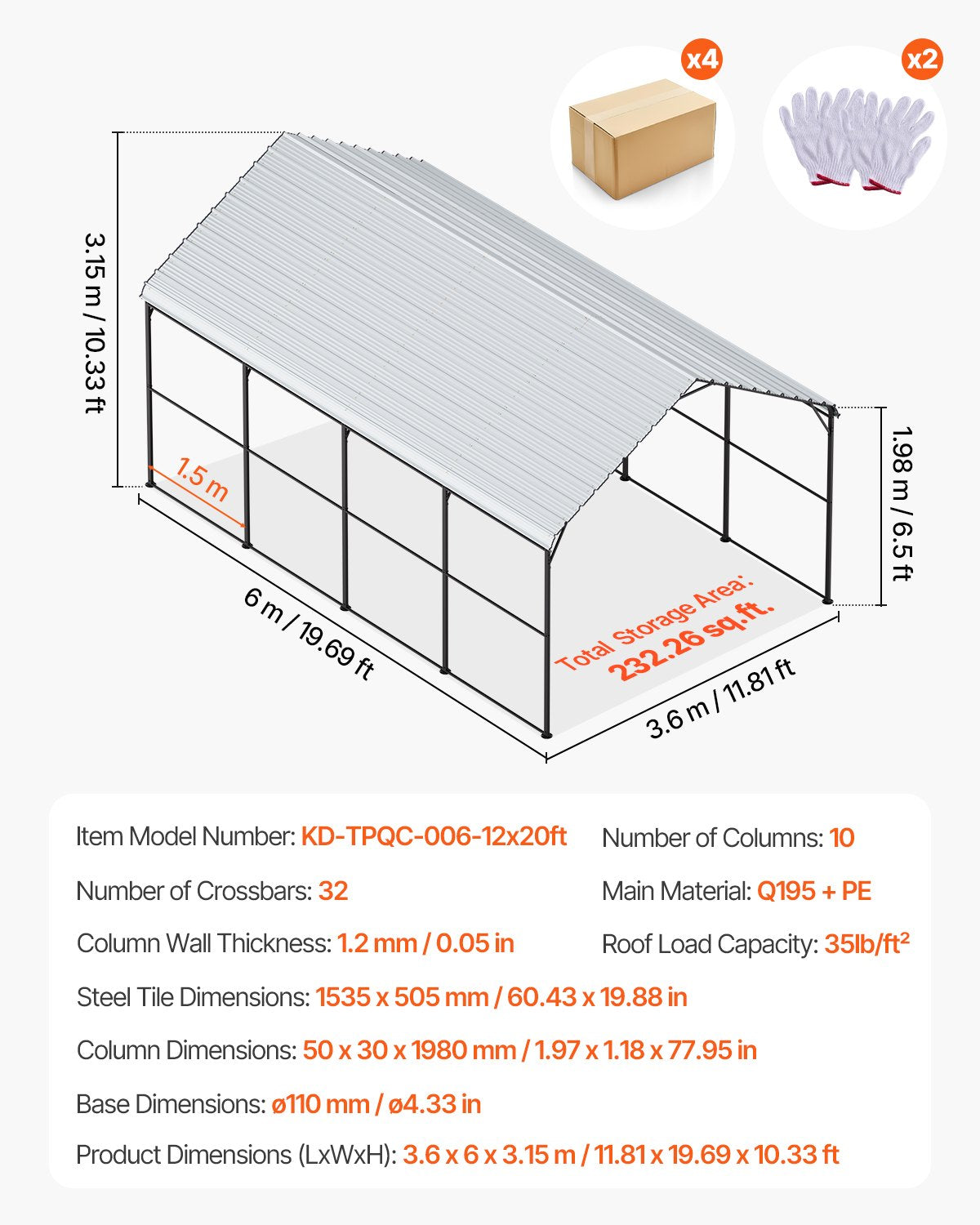 Kraftig metallcarport, 3,6 x 6 meter utomhuscarport med galvaniserad stålram och tak, bildält, garageskydd med avtagbara sidoväggar, multifunktionellt bilskydd för pickup, båt, bil och traktorer