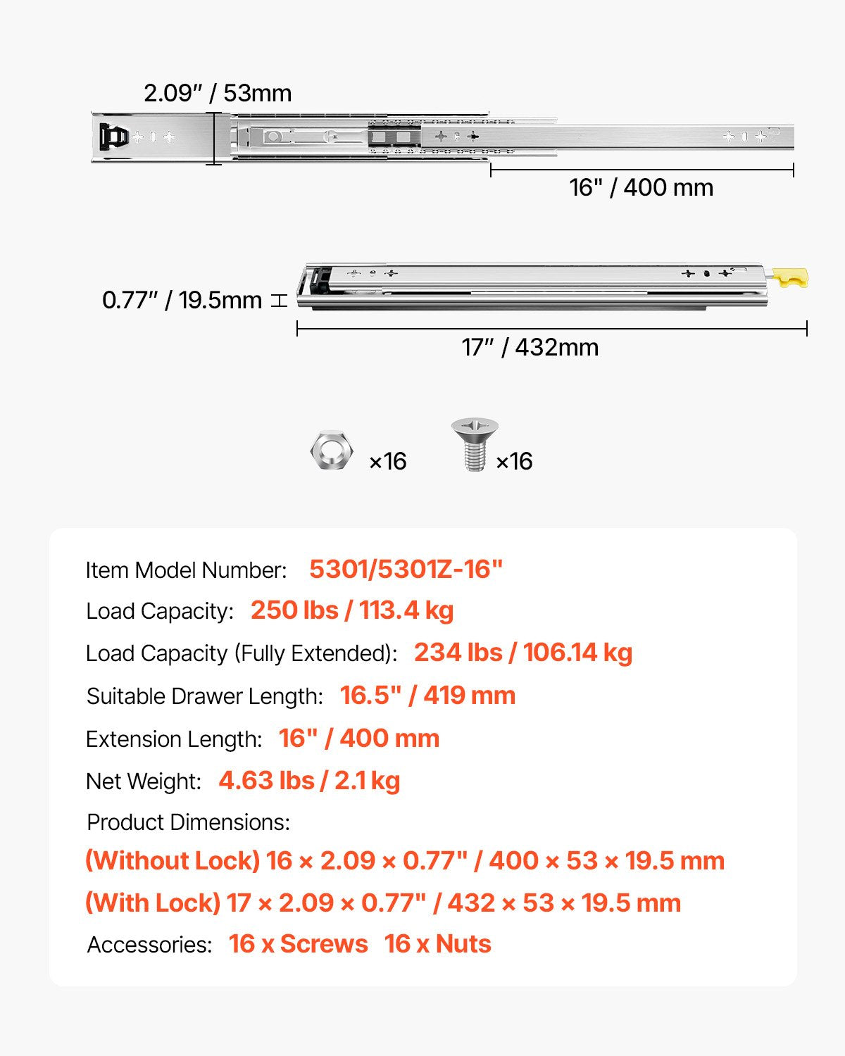 1 Pair Full Extension Drawer Slides 16 18 20 24 30 35 38 59 32 36 40 48 60 in, 250 lbs Load Capacity Locking Drawer Slides, Ball Bearing with Lock Side Mount Drawer Slide Rail