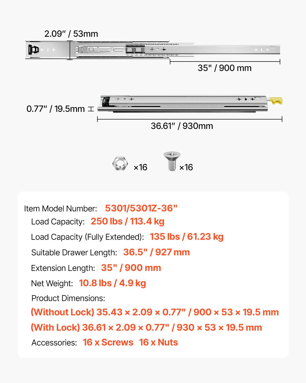 1 Pair Full Extension Drawer Slides 16 18 20 24 30 35 37.4 59 24 32 36 40 48 60 in, 250 lbs Load Capacity Locking Drawer Slides, Ball Bearing with Lock Side Mount Drawer Slide Rail