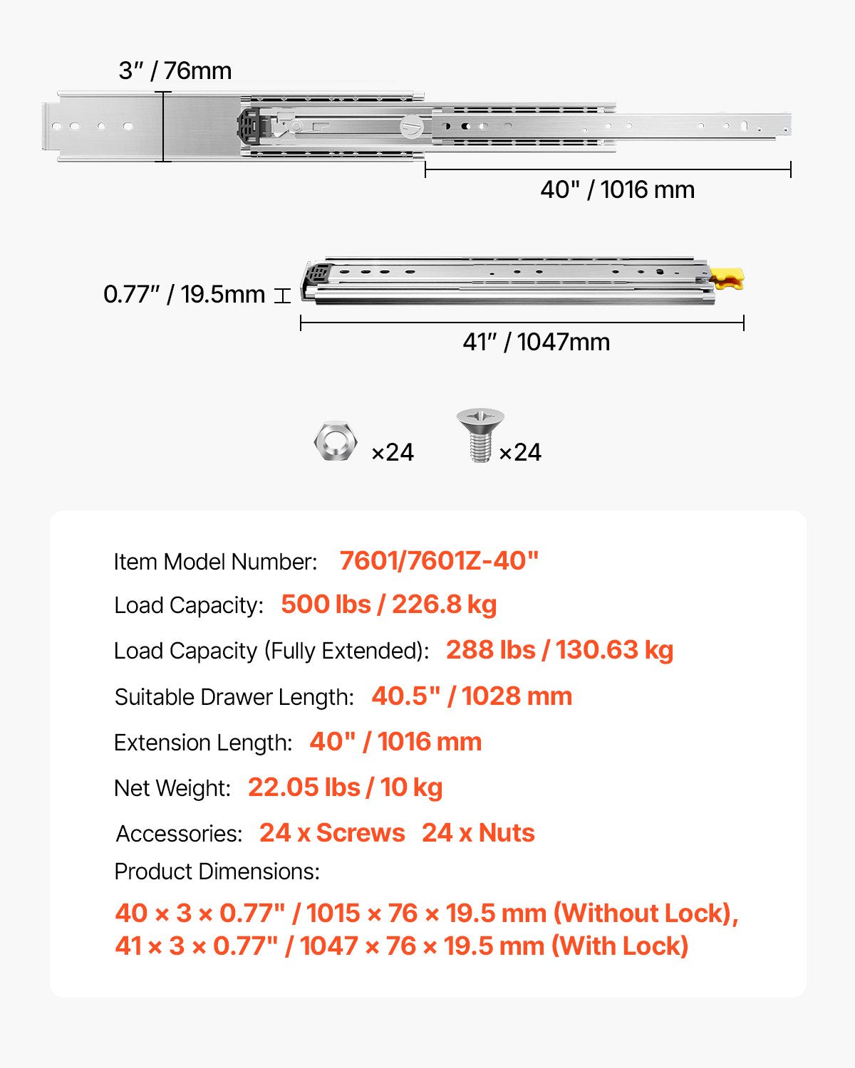 1 Pair Full Extension Drawer Slides 16 18 20 24 30 35 37.4 59 24 32 36 40 48 60 in, 500 lbs Load Capacity Locking Drawer Slides, Ball Bearing with Lock Side Mount Drawer Slide Rail