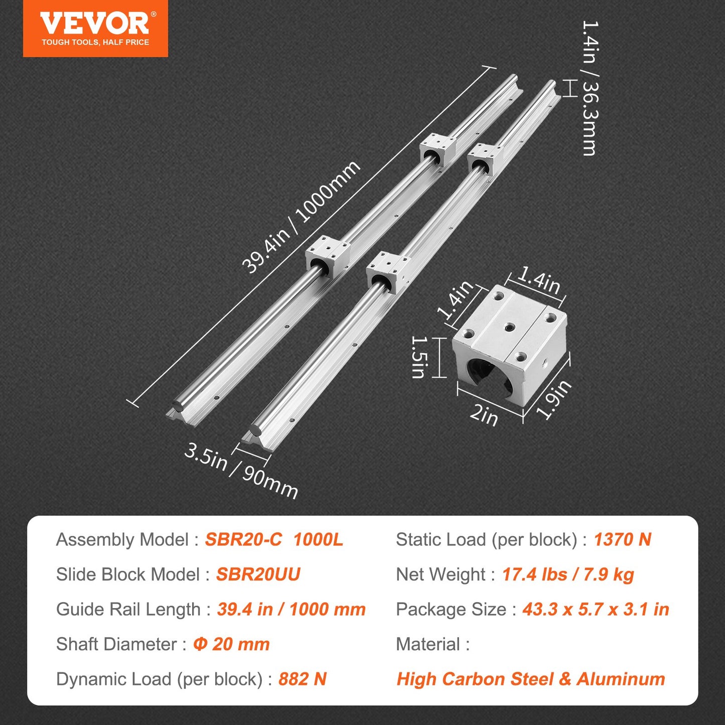 Linear Guide Rail Set, SBR20 1000mm, 2 PCS 39.4 in/1000 mm SBR20 Guide Rails and 4 PCS SBR20UU Slide Blocks, Linear Rails and Bearings Kit for Automated Machines DIY Project CNC Router Machines