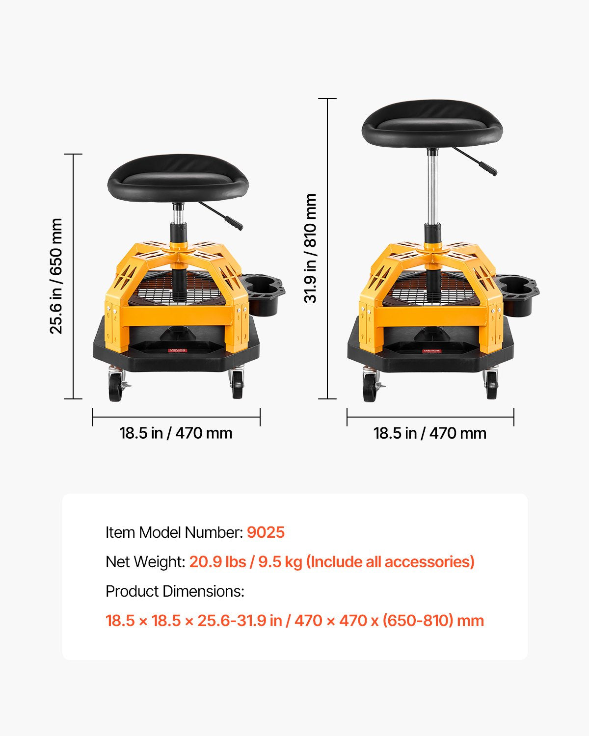 Rolling Shop Stool, Heavy-Duty Pneumatic Garage Seat with 300 lbs Capacity, Adjustable Height Roller Creeper Seat, 360° Swivel Padded Workshop Stool with Casters, for Garage, Shop & Auto Repair