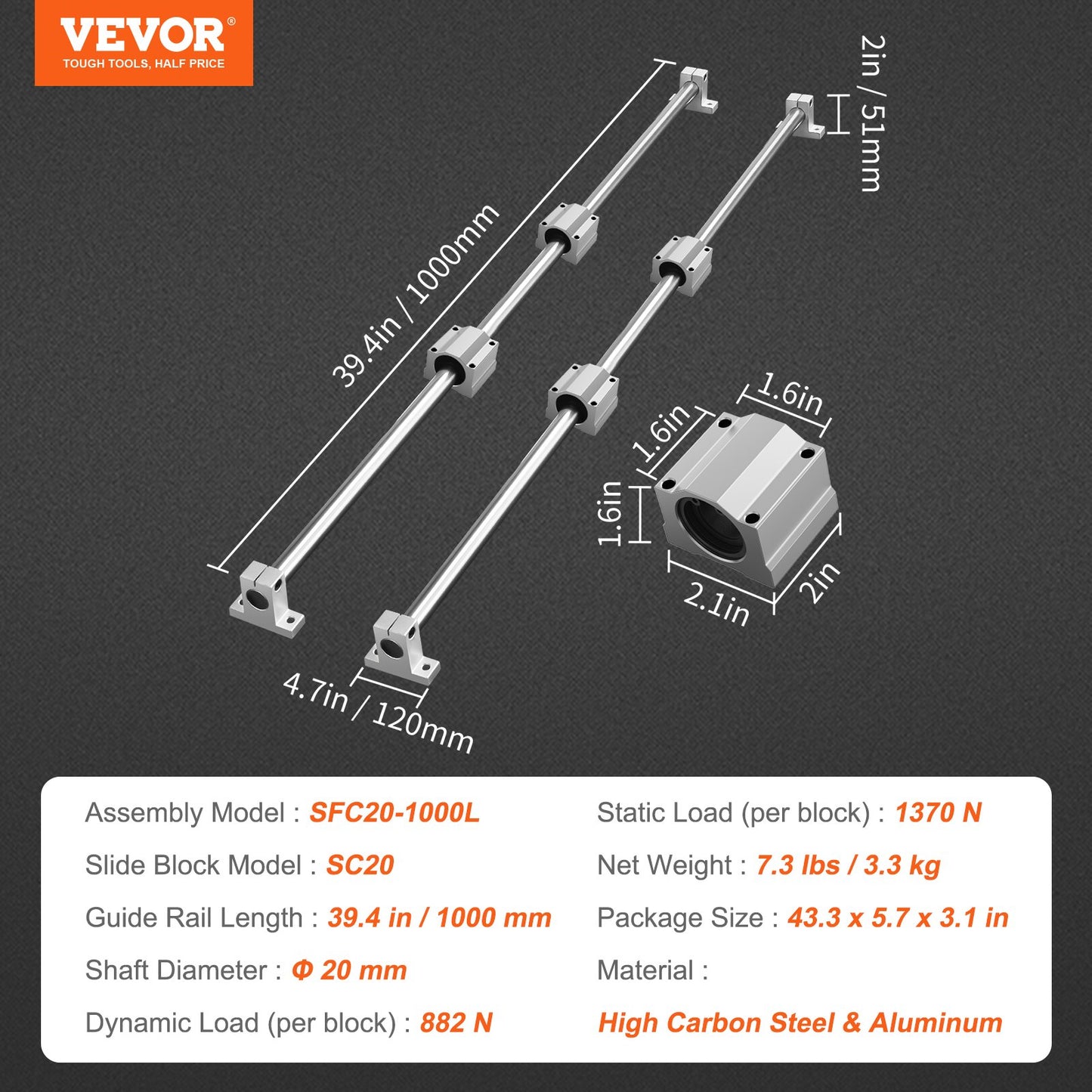 Linear Guide Rail Set, SFC20 1000mm, 2 PCS 39.4 in/1000 mm SFC20 Guide Rails 4 PCS SC20 Slide Blocks 4 PCS Rail Supports, Linear Rails and Bearings Kit for Automated Machines CNC DIY Project