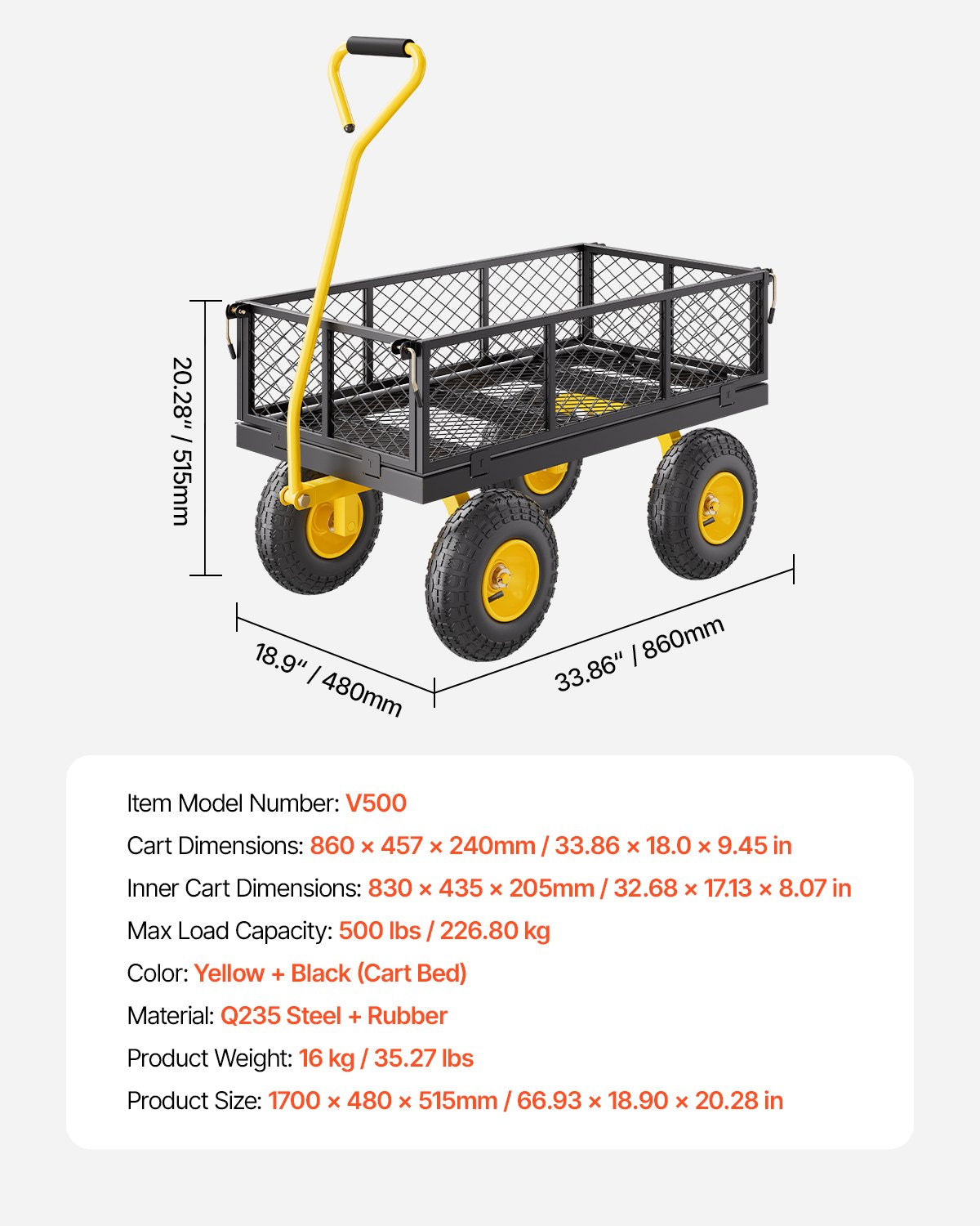500 Lbs Steel Garden Cart, Heavy Duty Garden Wagon Cart Pullable on Wheels, Metal Yard Utility Wagon Carts with 10" All Terrain Tires, Mesh Removable Sides and 180°Rotating Handle