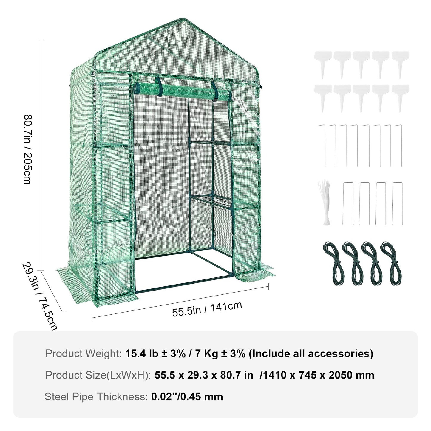 Walk-in Green House, 4.6 x 2.4 x 6.7 ft Greenhouse with Shelves, Set Up in Minutes, High Strength PE Cover with Doors & Windows and Steel Frame, Suitable for Planting and Storage, Green