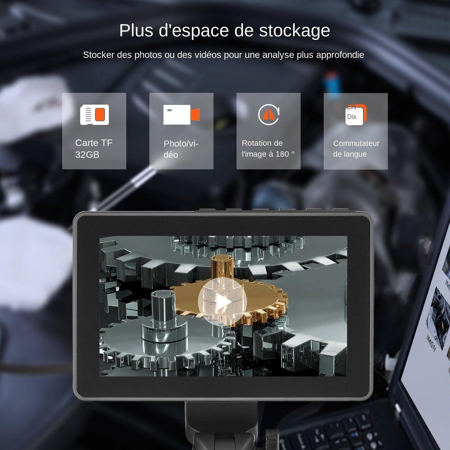 Ledad boroskopkamera med ljus, tvåvägs ledad endoskopinspektionskamera med 6,4 mm liten lins, 5" IPS 1080P HD-skärm, 8X zoom, kamera med 8 LED-ljus för bil, VVS (1,4 m)