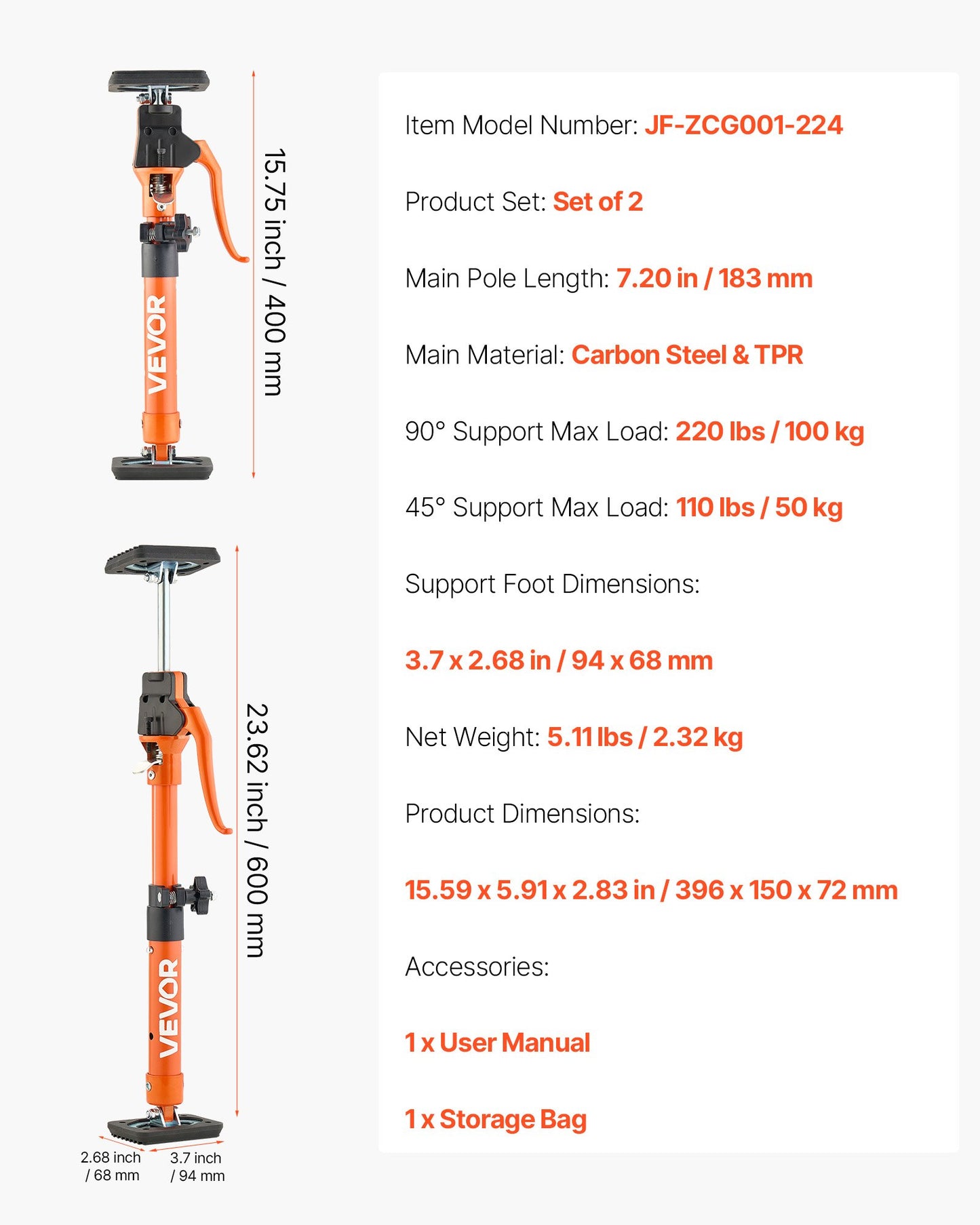Cabinet Jack Support Pole, 2-Pack, 40-60 cm Steel Telescopic Quick Support Rod, Adjustable 3rd Hand System up to 100 kg Capacity for Installing Cabinets, Lifting Drywall, Cargo Bars