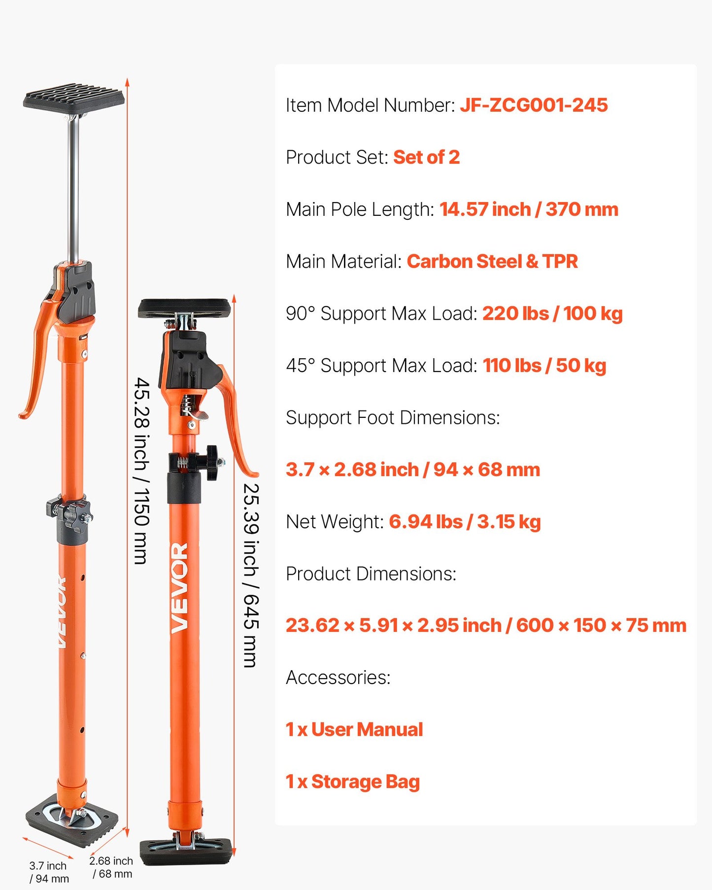 Stödstång för skåpdomkraft, 2-pack, 64,5-115 cm teleskopisk snabbstödstång i stål, justerbart 3:e handssystem upp till 100 kg kapacitet för installation av skåp, lyft av gipsväggar, laststänger