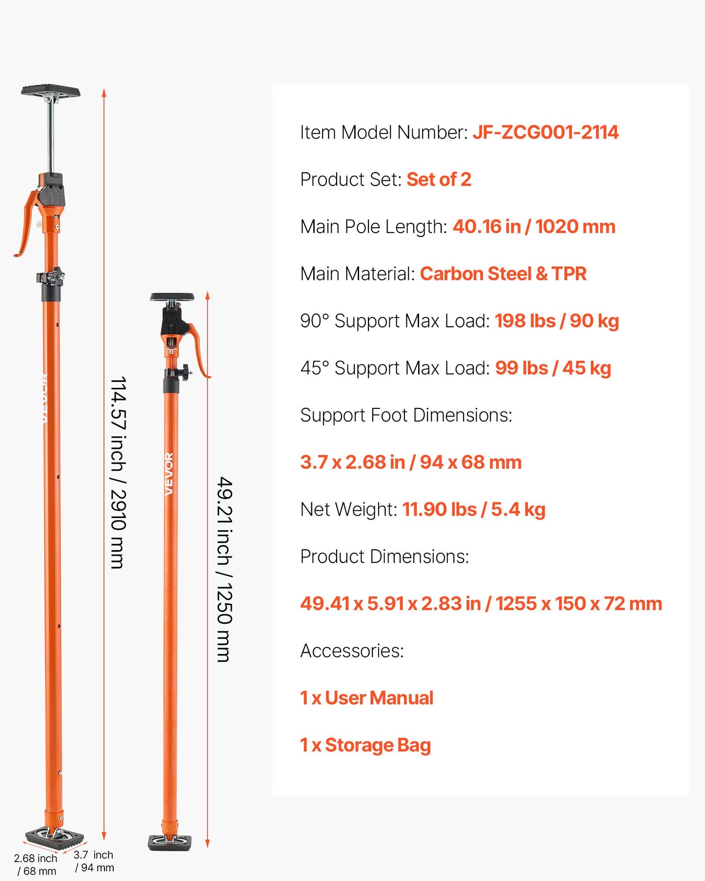 Cabinet Jack Support Pole, 2-Pack, 125-291 cm Steel Telescopic Quick Support Rod, Adjustable 3rd Hand System up to 90 kg Capacity for Installing Cabinets, Lifting Drywall, Cargo Bars