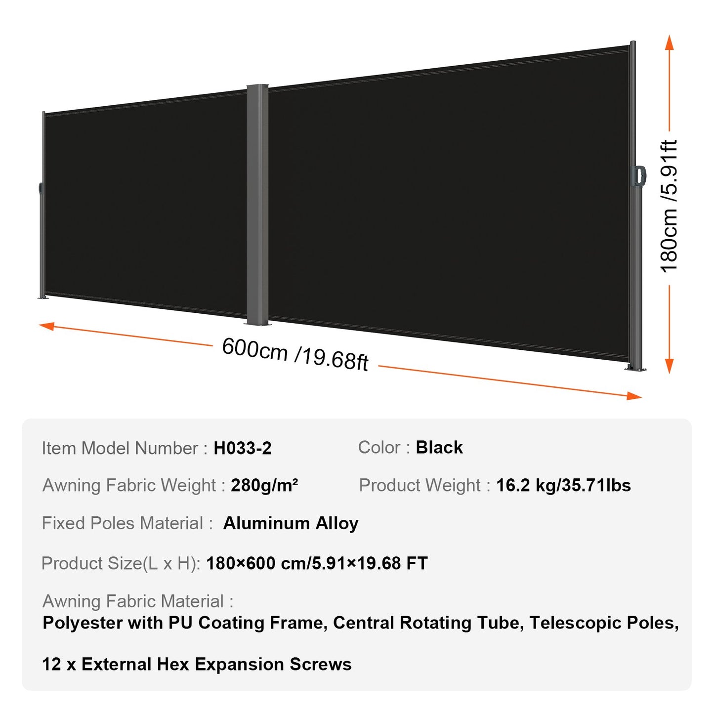 Retractable Side Awning, 71''x 236'' Aluminum Outdoor Privacy Screen, 280g Polyester Water-proof Retractable Patio Screen, UV 30+ Room Divider Wind Screen for Patio, Backyard, Balcony, Black