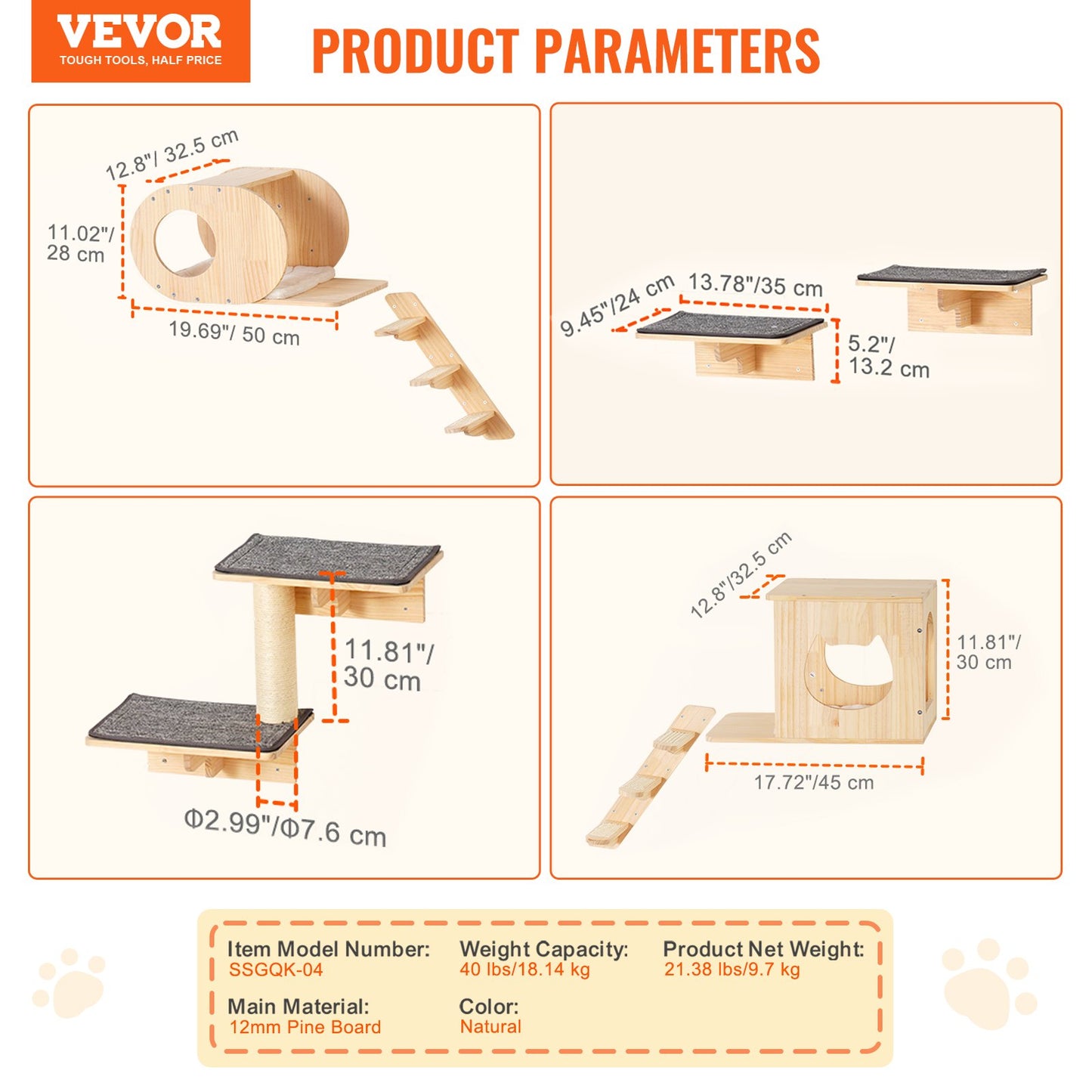 Väggmonterade katthyllor, vägghyllor och sittpinnar för katt med hoppbrädor, kattbäddar, hängmattor och klösträd, kattmöbler och hyllor upp till 18 kg för att sova, leka, klättra, set om 7