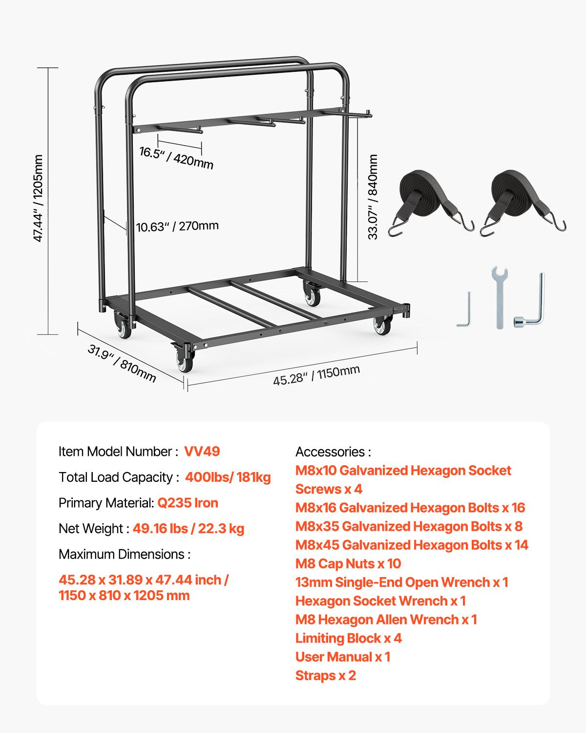 Folding Chair Rack, 400 LBS Capacity, Heavy-duty Chair Cart for 5 Tables+14 Chairs, Chair Storage Dolly Chair Holder w/ Swivel Casters and Locking Wheels,for Party Event,Hotel, Matte Black