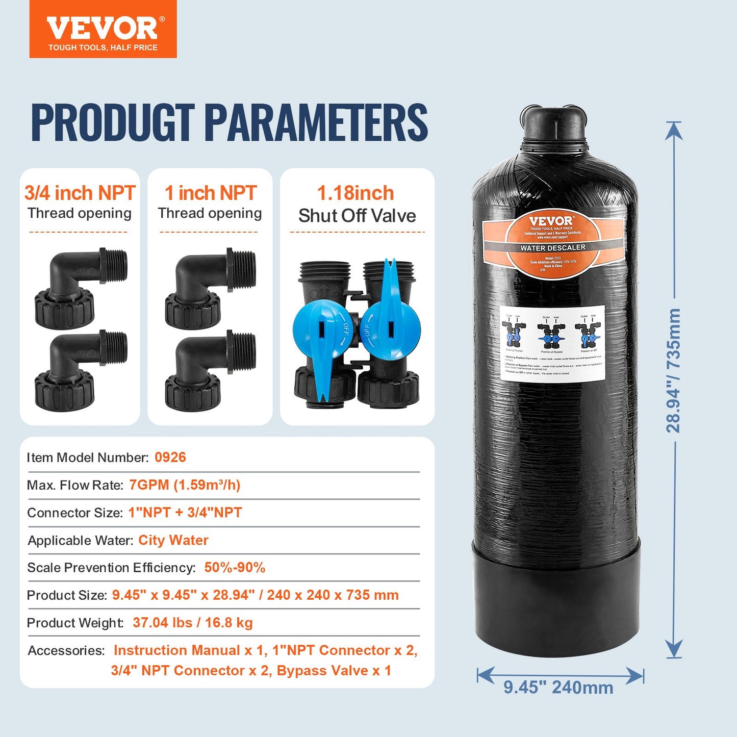 Whole House Salt Free Descaler, Water Filter for City Water, 580,000 Gallon Whole House Water Descaler for All Kinds of Plumbing Pipes, 1" BSPT & 3/4" BSPT, for 2-3 Person Family
