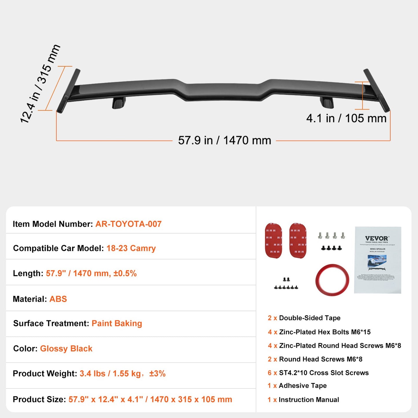 GT Wing Car Spoiler, 57.9 inch Spoiler, Compatible with 2018-2023 Camry, High Strength ABS Material, Baking Paint, Car Rear Spoiler Wing, Racing Spoilers for Cars, Glossy Black