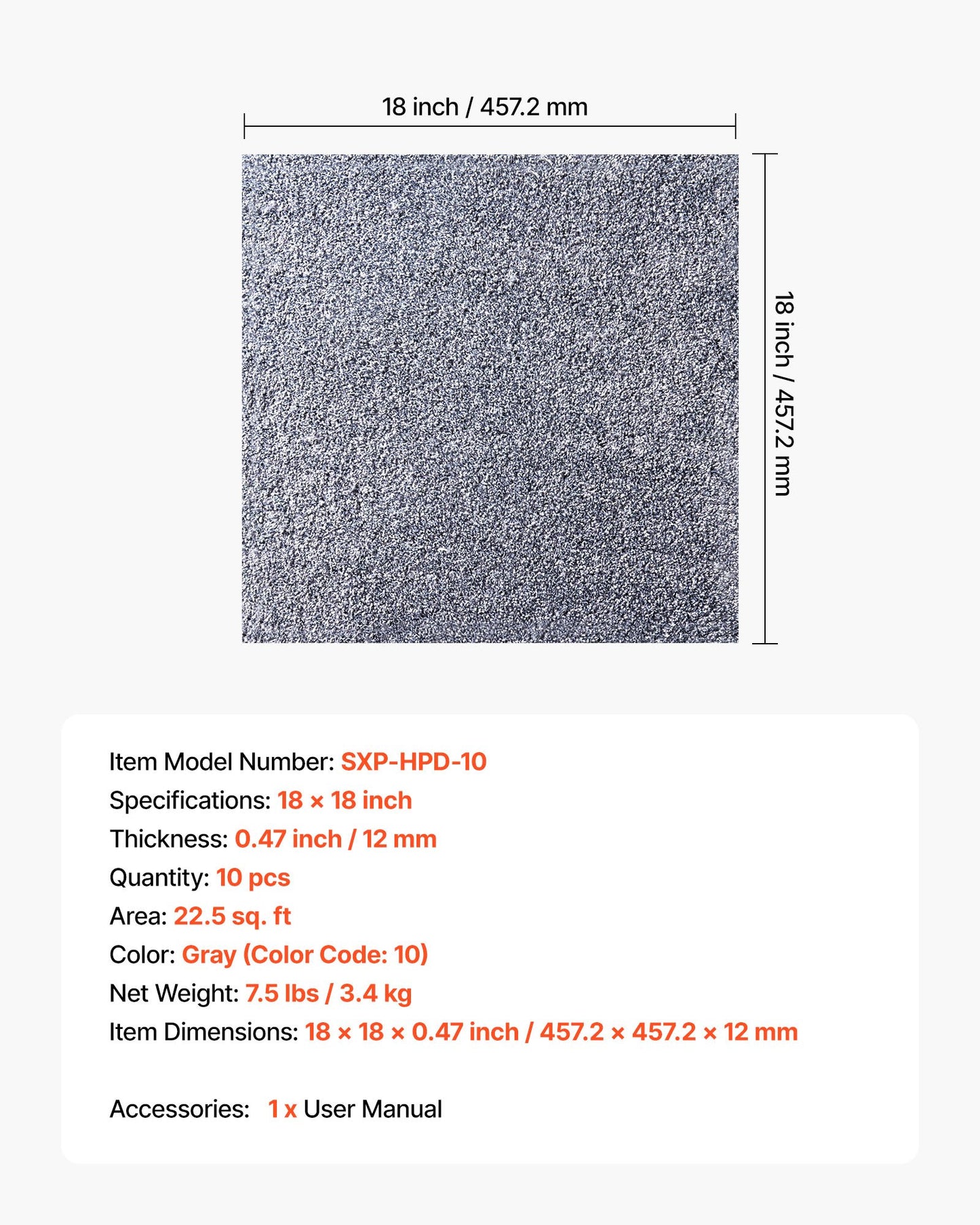 Carpet Tiles 457x457 mm, 10 Pack Carpet Square Rug Detachable & Damage-free, Self Adhesive Home Floor Soft Plush Padded for 2.1㎡ Coverage, Easy DIY for Living Room & Bedroom, Gray
