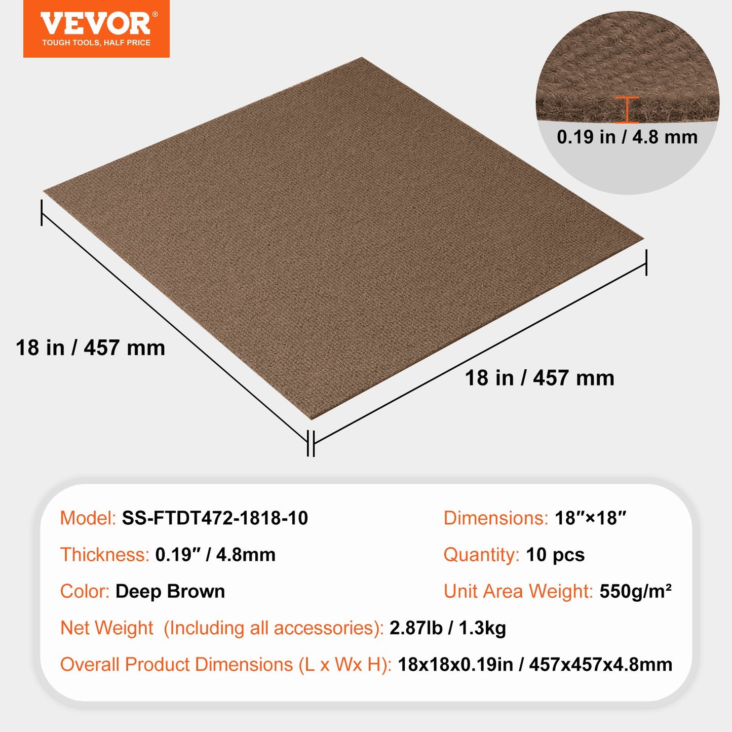 Carpet Tiles Peel and Stick, 18” x 18” Squares Self Adhesive Carpet Floor Tile, Soft Padded Carpet Tiles, Easy Install DIY for Bedroom Living Room Indoor Outdoor (10 Tiles, Dark Brown)