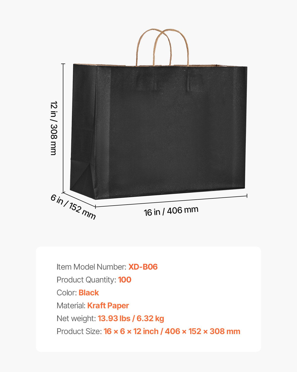 Kraft Paper Bags with Handles, 100Pcs 16 x 6 x 12 in, Large Paper Grocery Bags, Reusable & 100% Recycled Take-Out Sacks, Plain Party Bag Bulk for Birthday, Wedding, Business, Goody, Black