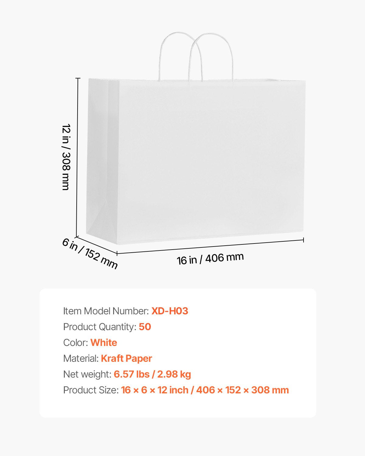 Kraftpapperskassar med handtag, 50 st 16 x 6 x 12 tum, stora papperspåsar för mataffärer, återanvändbara och återvunna avhämtningskassar, enkla partypåsar i bulk för födelsedagar, bröllop, företag, godis, vita