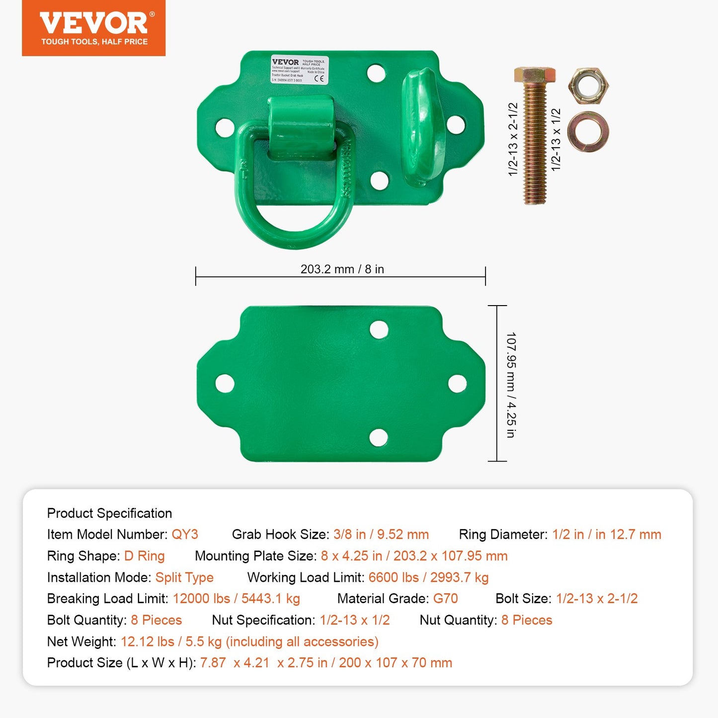 3/8" traktorskopkrokar med surrningsring, smidd stålklass 70, 2-pack bultade gripkrokar med bakplattor, fungerar bra för traktorskopa, husbil, UTV, lastbil, maximal brottstyrka 15 000 lbs, grön