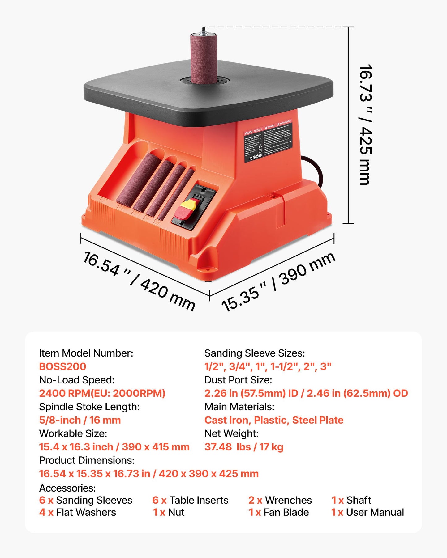 Oscillating Spindle Sander, 2000RPM Benchtop Spindle Sander with 6 Sleeves (12.7–76.2 mm), 16mm Stroke & 390 x 415 mm Wide Worktable for Furniture Finishing, Crafts Sanding, DIY Woodworking