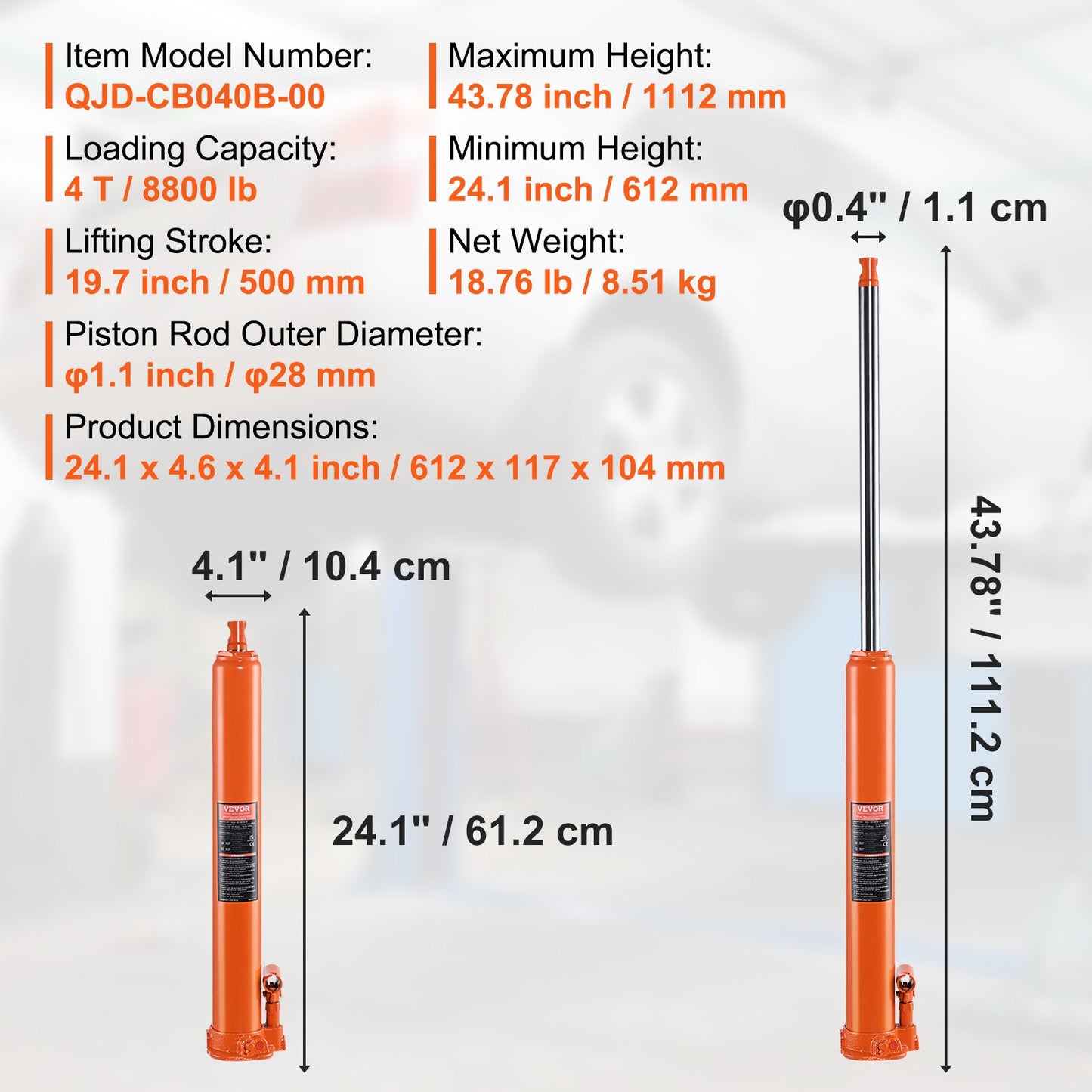 Hydraulic Long Ram Jack, 4 Ton Engine Hoist Cylinder with Single Piston Pump And Flat Base, Hydraulic Ram Cylinder for Engine Lift Hoists, Hydraulic Garage/Shop Cranes, Mechanical, Farm