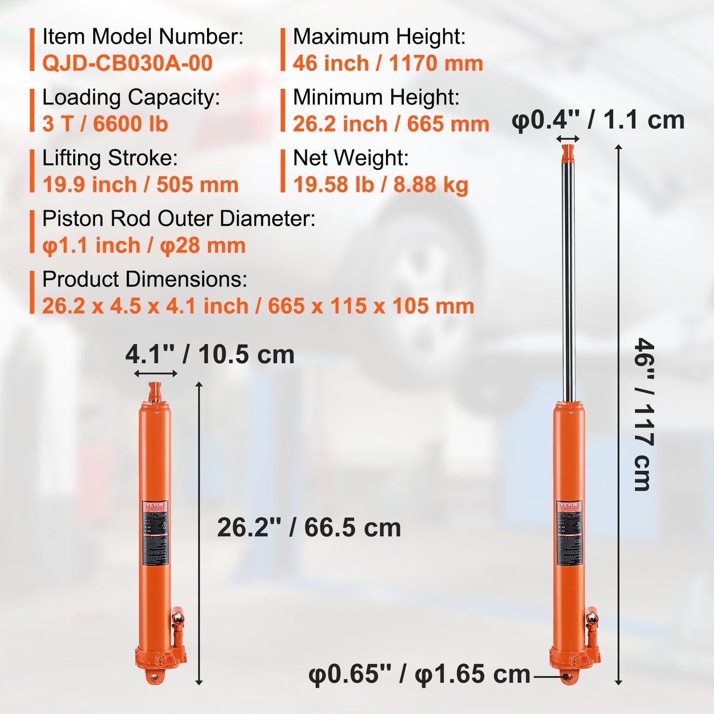 Hydraulic Long Ram Jack, 3 Ton Engine Hoist Cylinder with Single Piston Pump And Clevis Base, Hydraulic Ram Cylinder for Engine Lift Hoists, Hydraulic Garage/Shop Cranes, Mechanical, Farm