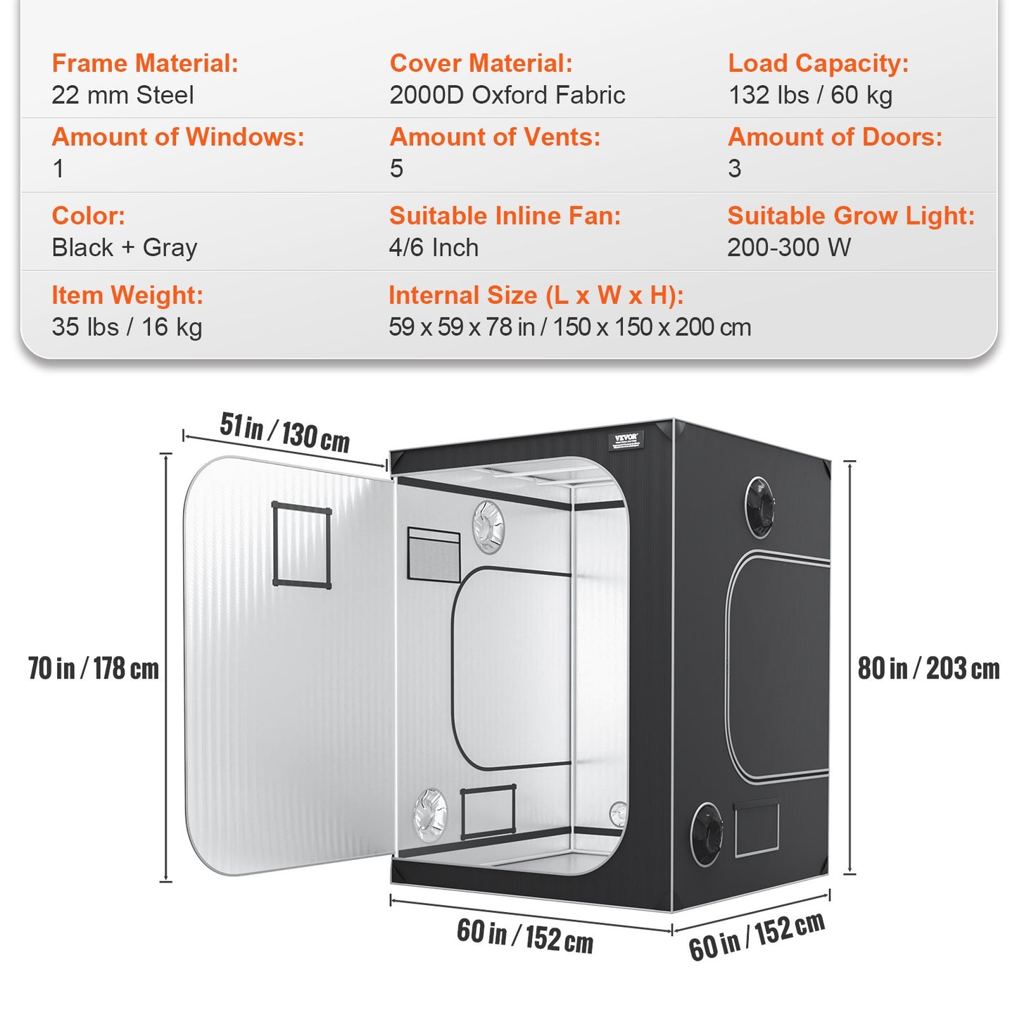 5x5 Grow Tent, 1828.8 x 1828.8 x 2438.4 cm, High Reflective 2000D Mylar Hydroponic Growing Tent with Observation Window, Tool Bag and Floor Tray for Indoor Plants Growing
