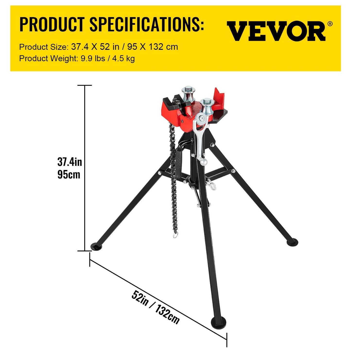Tripod Pipe Chain Vise | 1/8"-5" Pipe Capacity | 92.5 cm Length | Portable Folding Steel Legs | Grab, Support, and Bend Pipes | Ideal for Factory, Workshop, and Home Use