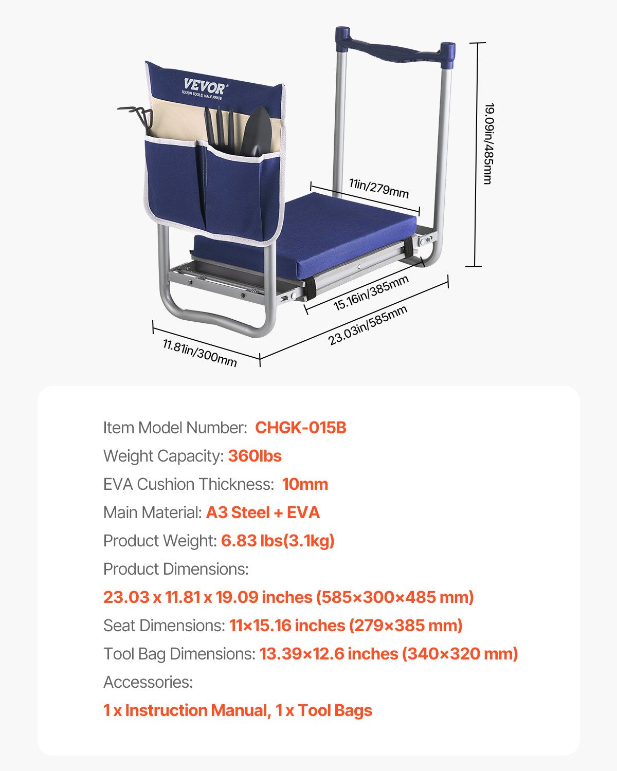 Knäböj och sits för trädgården, 28 cm bred och tjock knäböjning, kraftig knäpall för trädgården, hopfällbar trädgårdssits med 1 verktygsväska, lindrar knä- och ryggsmärtor, halkfri trädgårdsbänk för mor- och farföräldrar
