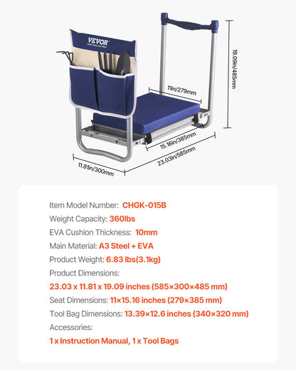 Knäböj och sits för trädgården, 28 cm bred och tjock knäböjning, kraftig knäpall för trädgården, hopfällbar trädgårdssits med 1 verktygsväska, lindrar knä- och ryggsmärtor, halkfri trädgårdsbänk för mor- och farföräldrar