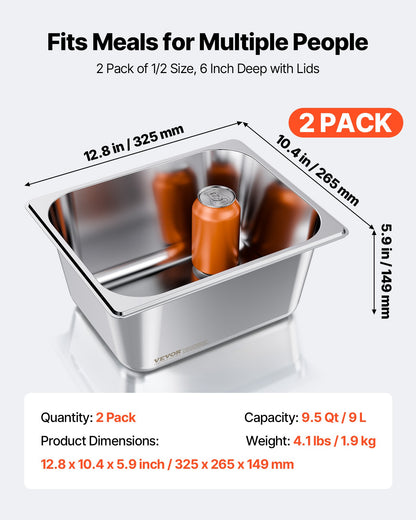 Rostfria ångpannor för hotell med lock, 1/2 storlek x 148 mm djupa, 9 l ångpannor för bord, anti-sylt restaurangtillbehör återanvändbar cateringförvaring för hem, fest, restaurang, hotell, buffé, 2-pack