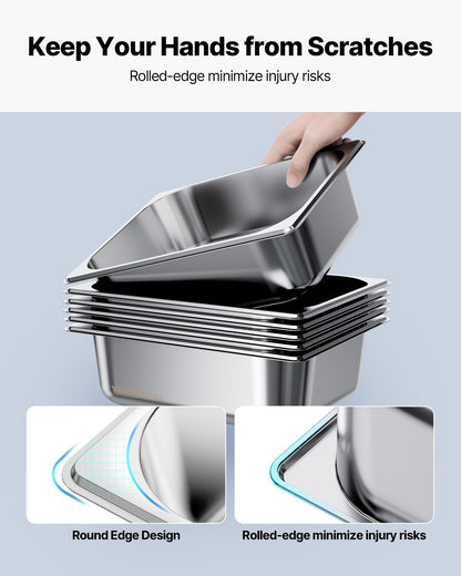 Stainless Steam Hotel Pans, 1/2 Size x 98mm Deep, 6L Table Steam Pan, Anti Jam Restaurant Supplies Reusable Rustproof Catering Storage for Home, Party, Restaurant, Hotel, Buffet, 6 Pack