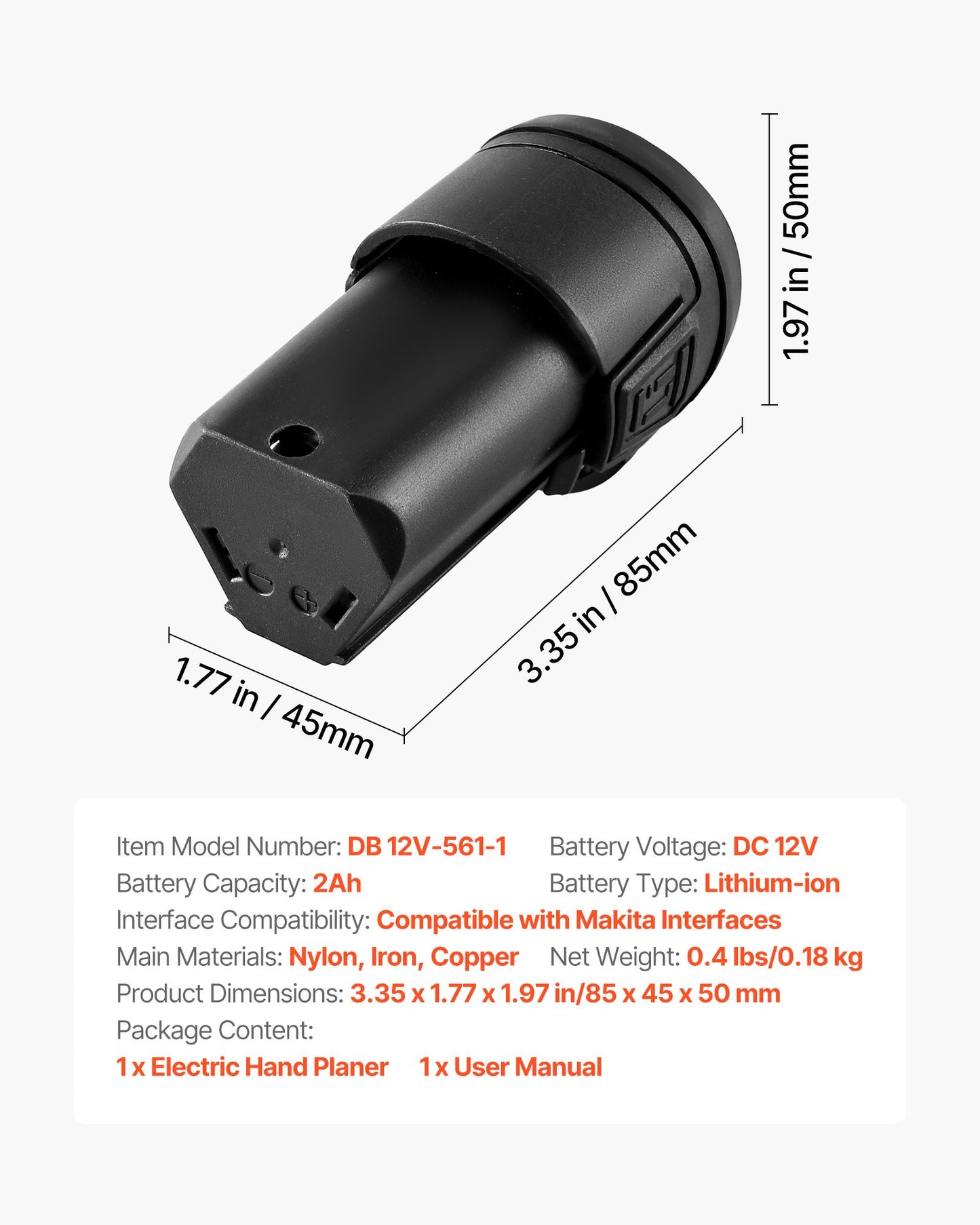 Litiumjonbatteri, 12V 2Ah, Bärbart litiumbatteripaket för utbyte, med universaladapter, Lätt att bära, Kompatibel med Makita Interfaces, Sladdlös elektrisk handhyvel, 1-pack