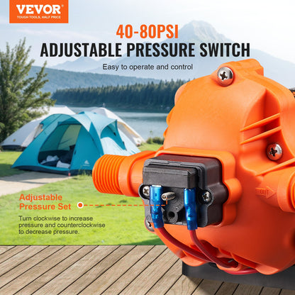 12V Diaphragm Pump, 3 GPM (11.36 L/min), 3-Chamber 12 Volt DC Water Pump with Automatic Pressure Switch 2.7-6.9 bar(40-100 PSI) Adjustable, 3.4 bar(50 PSI), 12.7mm(1/2") MNPT Port, for RV Yacht Food Truck Camper Marine